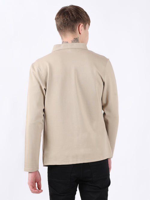 BEIGE CARDIGAN WITH CUT & SEW RIB PANEL