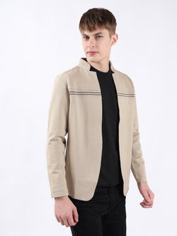 BEIGE CARDIGAN WITH CUT & SEW RIB PANEL