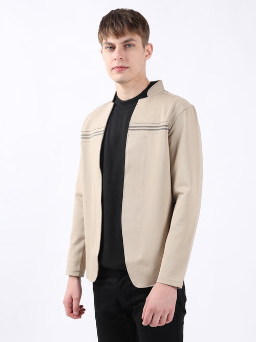 BEIGE CARDIGAN WITH CUT & SEW RIB PANEL