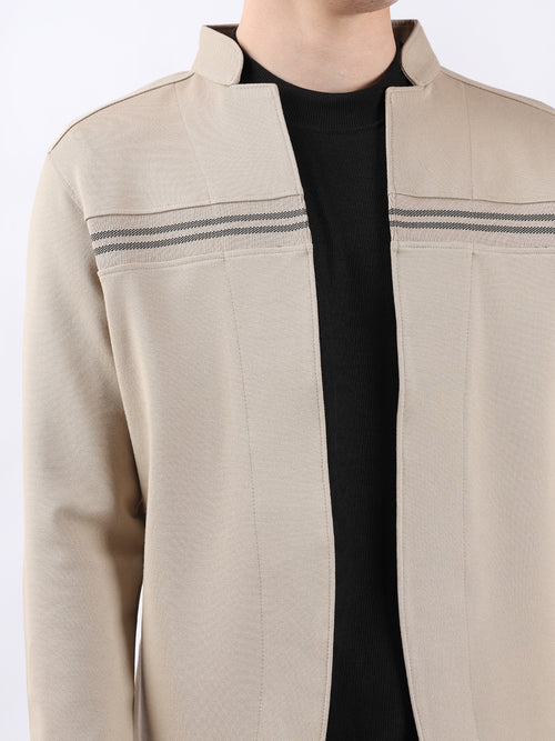 BEIGE CARDIGAN WITH CUT & SEW RIB PANEL