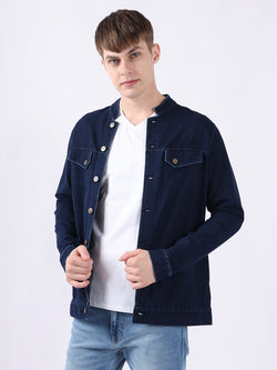 MANDERIN COLLAR BLUE DENIM JACKET