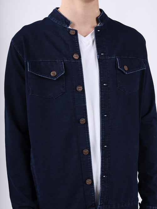 MANDERIN COLLAR BLUE DENIM JACKET