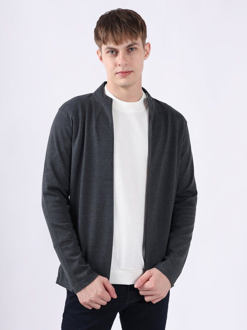 DARK GREY JACQUARD KNIT LIGHTWEIGHT CARDIGAN