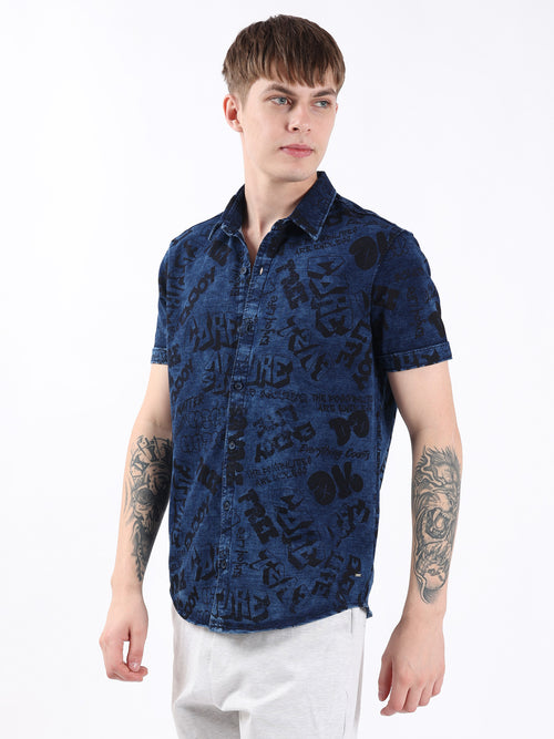 BLUE DENIM GRAPHIC TEXT SHIRT