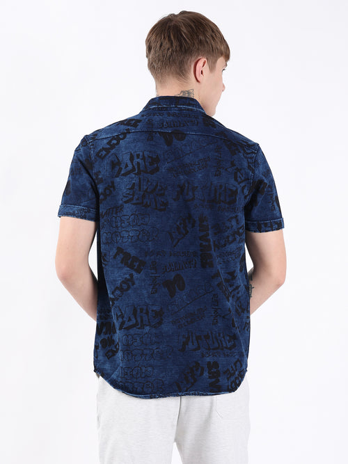 BLUE DENIM GRAPHIC TEXT SHIRT