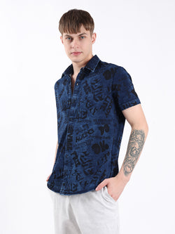 BLUE DENIM GRAPHIC TEXT SHIRT