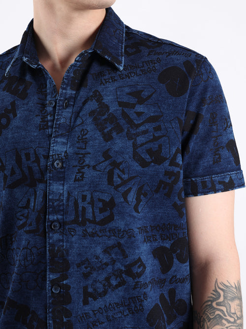 BLUE DENIM GRAPHIC TEXT SHIRT