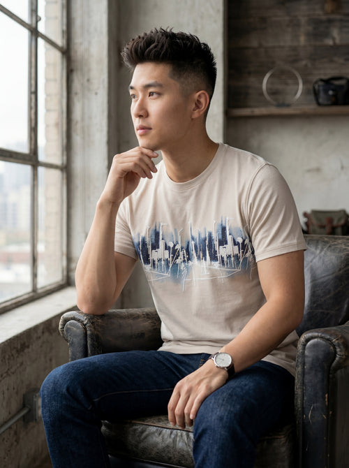 Men Beige Cityscape Abstract Graphic T-shirt