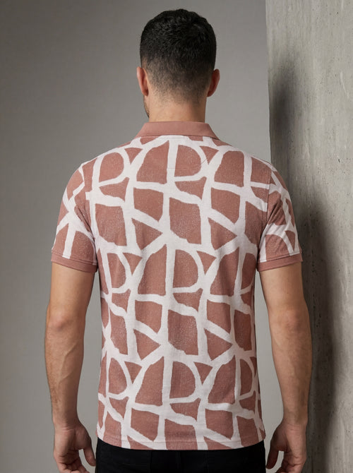 Men’s "Desert Mosaic" Geometric Polo – Rosewood & Ivory