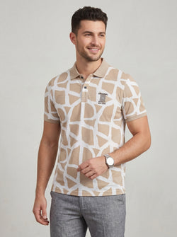 Men’s "Safari Mosaic" Printed Polo – Sand & Cream