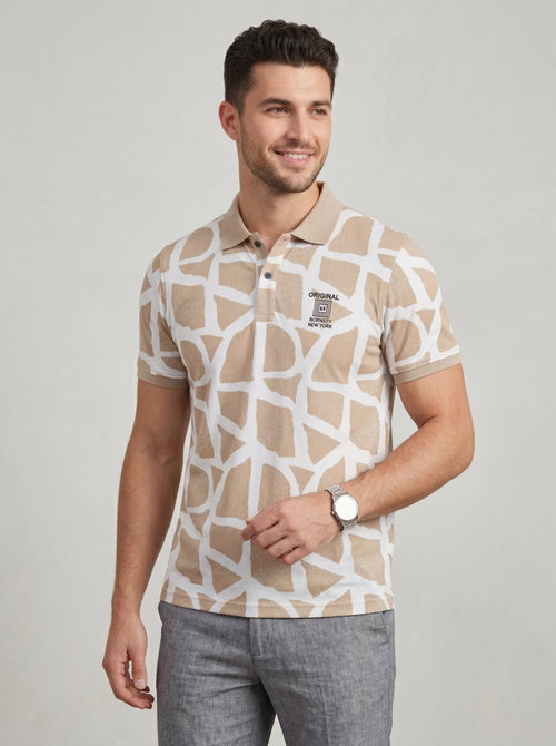 Men’s "Safari Mosaic" Printed Polo – Sand & Cream