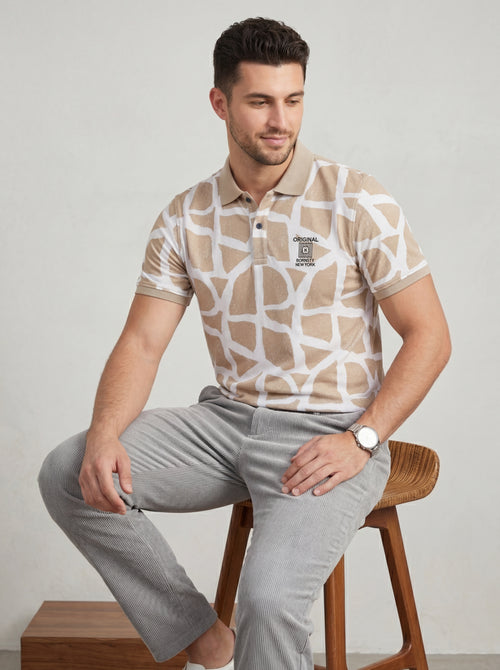 Men’s "Safari Mosaic" Printed Polo – Sand & Cream