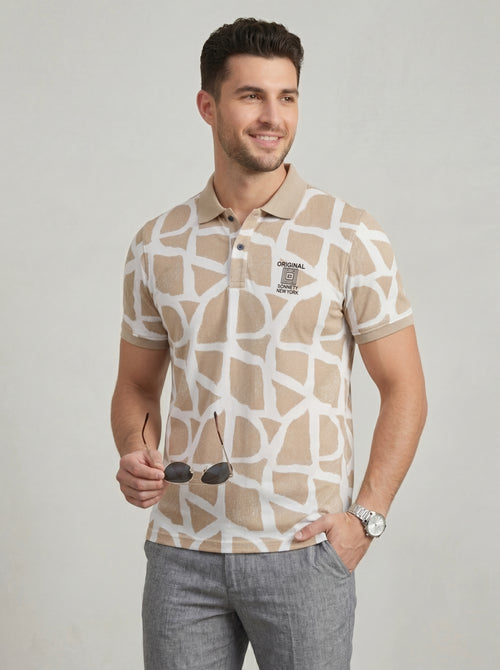 Men’s "Safari Mosaic" Printed Polo – Sand & Cream