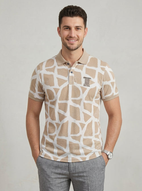 Men’s "Safari Mosaic" Printed Polo – Sand & Cream