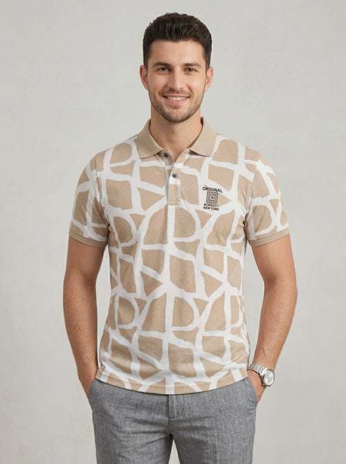 Men’s "Safari Mosaic" Printed Polo – Sand & Cream