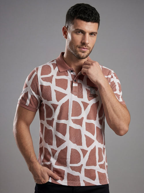 Men’s "Desert Mosaic" Geometric Polo – Rosewood & Ivory