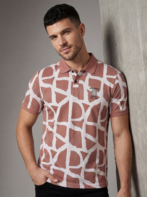 Men’s "Desert Mosaic" Geometric Polo – Rosewood & Ivory
