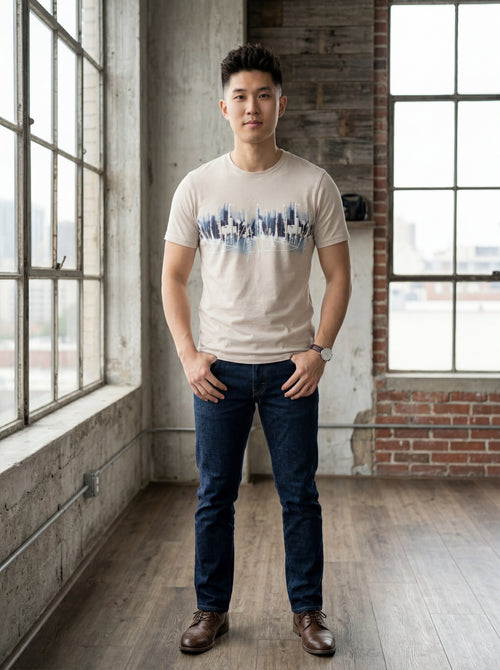Men Beige Cityscape Abstract Graphic T-shirt