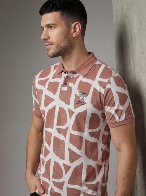 Men’s "Desert Mosaic" Geometric Polo – Rosewood & Ivory