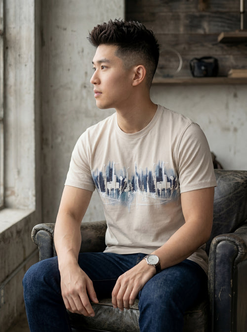 Men Beige Cityscape Abstract Graphic T-shirt
