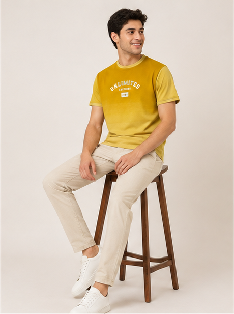 Men Mustard Yellow Ombre Dip-Dye UNLIMITED EDITIONS Chest Print T-Shirt